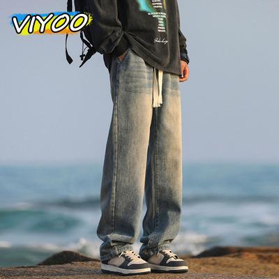 Men's Cotton Vintage Cat Whiskers Washing Denim Jeans Drawstring Baggy Wide Leg Pants Streetwear Sweatpants Track Pants Trousers
