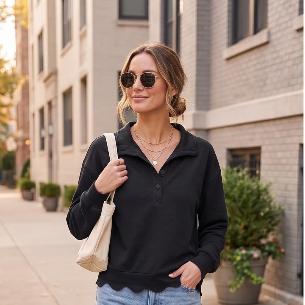 Women's Neck Sweatshirt Pullover Top with Scalloped Hem for Casual Everyday Wear
