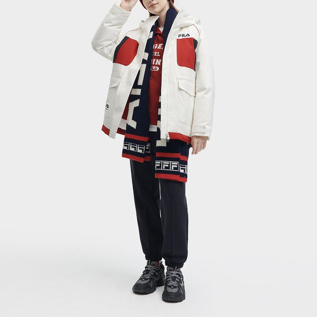 Fila Color Block Hooded Logo Print Casual Mid-Length Parka Down Jacket Women Outerwear Cloud-Mushroom-White F11W349905FWT