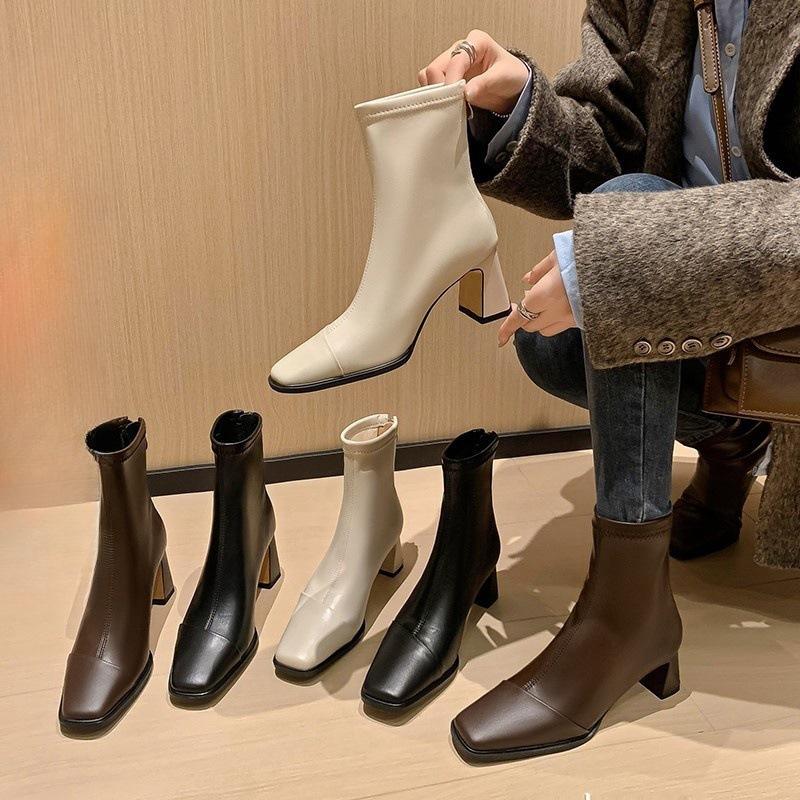 Giant and thin~ Square head rear zipper women's commuting thick heel short boots