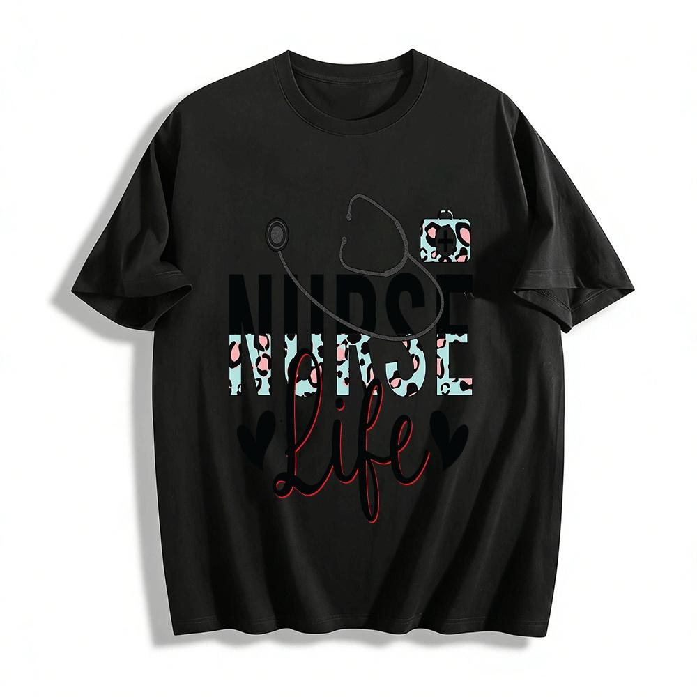 Leopard Print Nurse Life Themed Graphic Top Pure cotton T-shirt XXS
