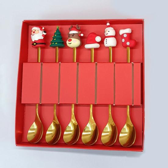 Nerezová vánoční sada lžiček s motivem stromku, Santa Clause a hvězdy, lžičky na míchání kávy, slavnostní kuchyňské náčiní s dárkovou krabičkou