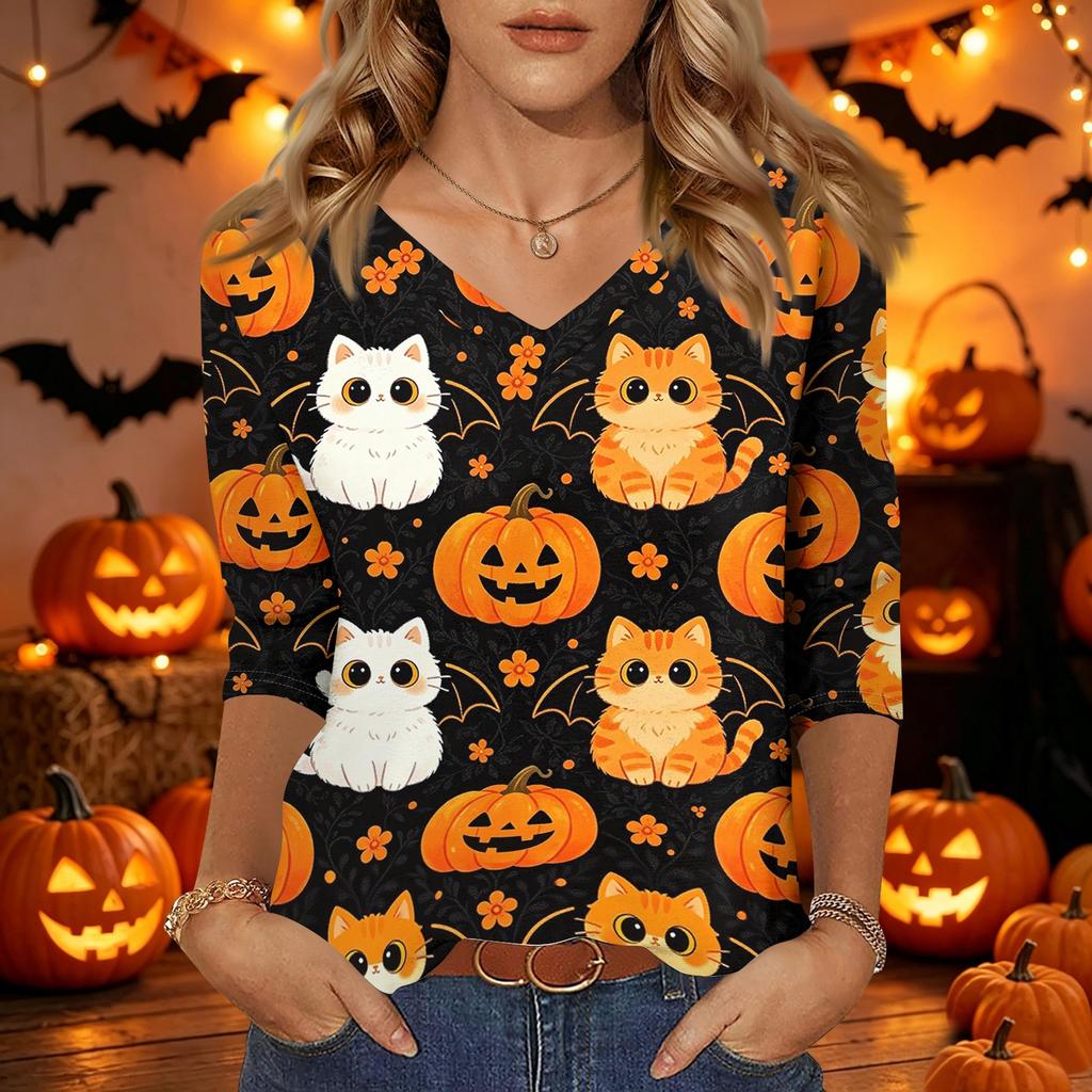 Women Casual Halloween Print V Neck Three Quarter Sleeve Top Lightweight Comfortable Fit Stylish Design for Daily Wear