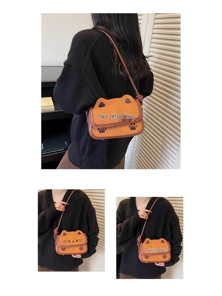 Korean Style Cartoon Kitten Crossbody Bag - Cute Retro Matte Shoulder Bag for Girls and Students