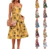Sleeveless Adjustable Strap Dress with Pockets Casual Floral Print Midi Length Summer Dress for Women