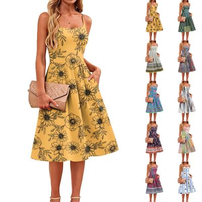 Sleeveless Adjustable Strap Dress with Pockets Casual Floral Print Midi Length Summer Dress for Women