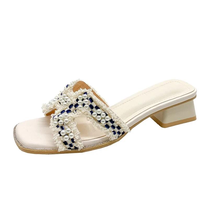 Fashion Women's Summer 2025 Hot Selling French Style New Korean Edition Versatile Open Toe Mid Heel Thick Heel Fairy Pearl Cool Slippers