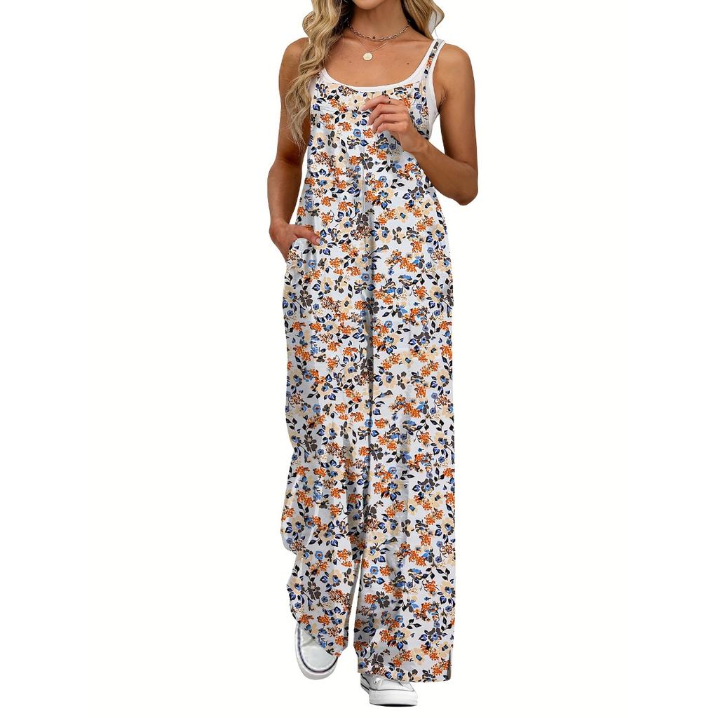 Damen Spaghetti-Träger Ärmellos Floral Jumpsuit Locker Hohe Taille Freizeit Weites Bein Overalls