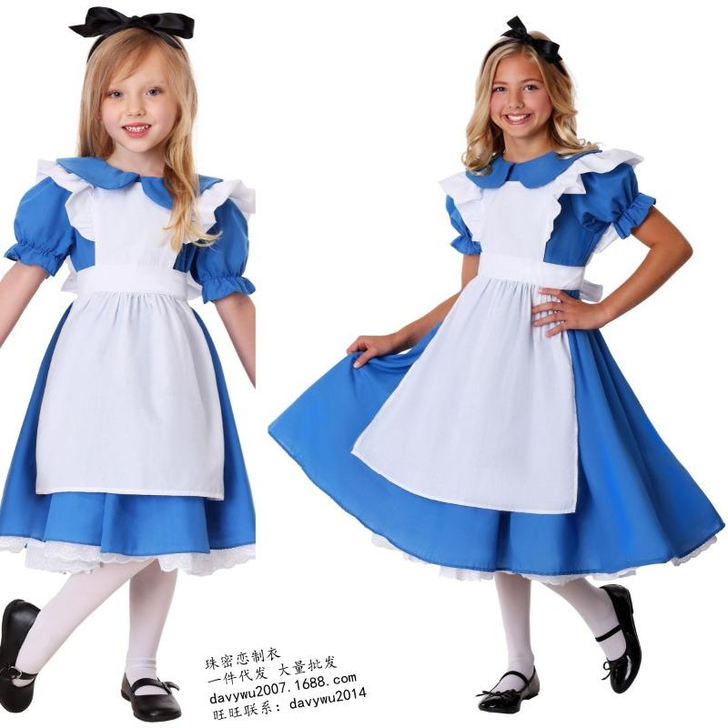 Parent-child blue girl costume, Halloween princess dress costume, Alice in Wonderland maid costume