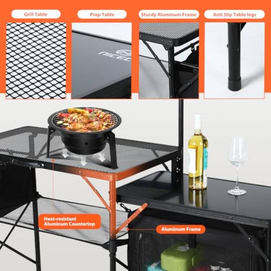 Camping Kitchen Table Portable Folding Camp Cook Station with Light Poles Storage Organizer Side Bag Side Hooks for Outdoor Pic