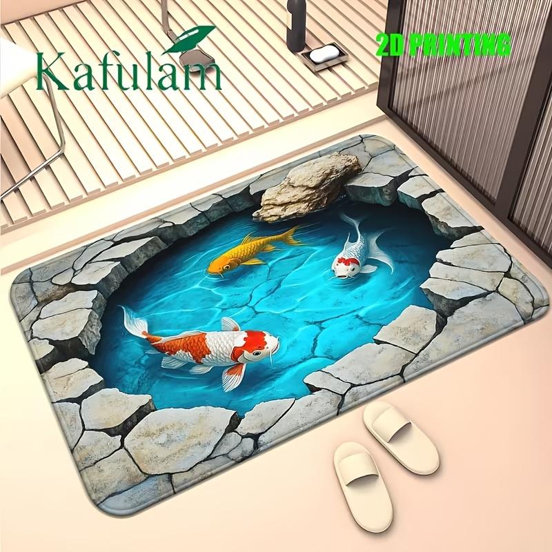 3D Visual Koi Fish Pond Doormat Stone Edge Water Pool Print Non Slip Floor Mat For Bathroom Entryway Indoor Home Decor