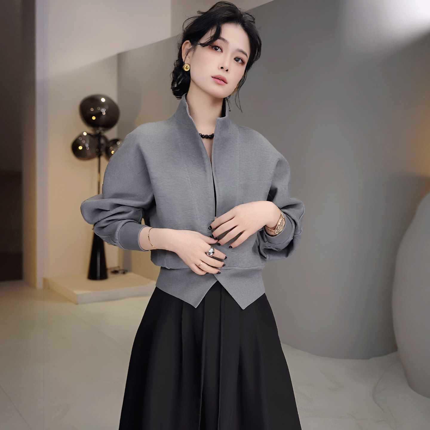 2026 Autumn Women s Chic Split Stand-Up Collar Half-Zip Sweatshirt Extra Large серый