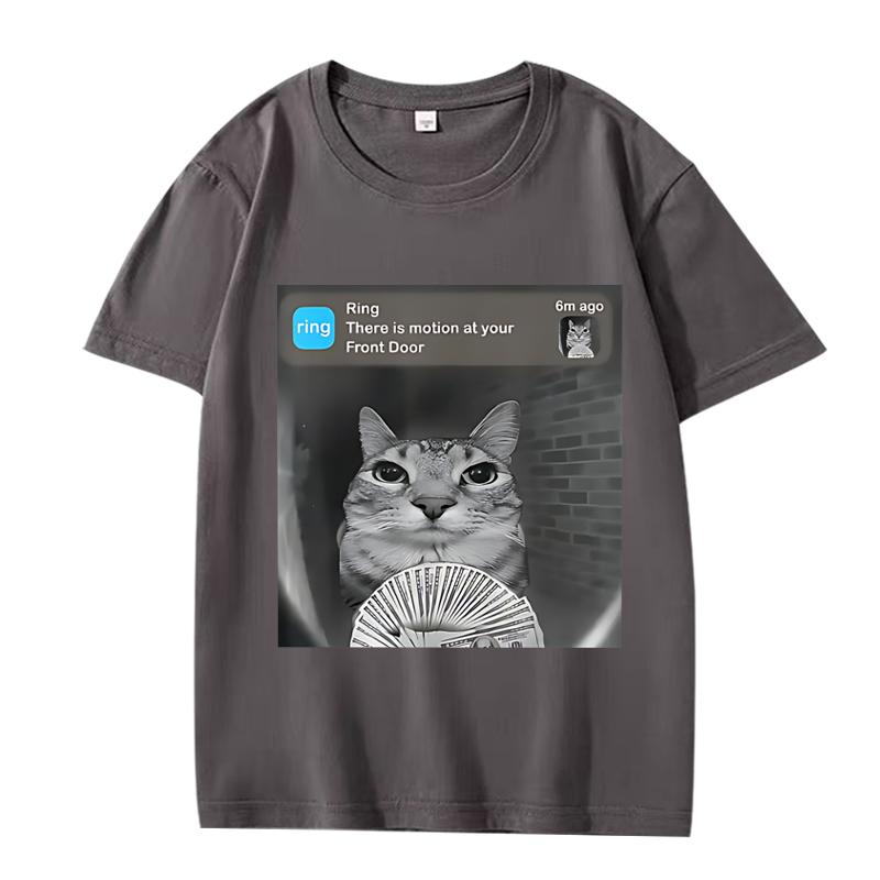 There Is Motion At Your Front Door Funny Silly Cat Meme T Shirt Men Women Oversized 100% Cotton  Short Sleeve Summer Unisextops