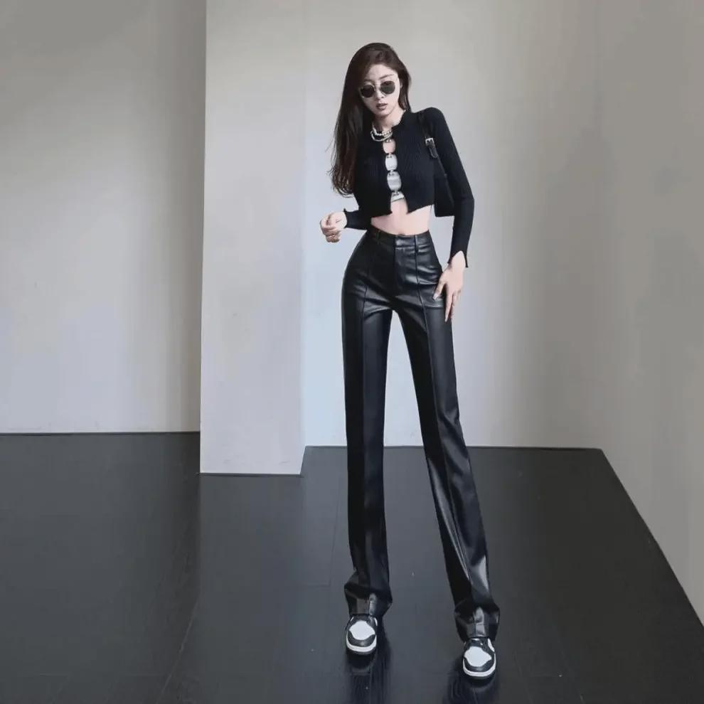 2023 Women's High-Waisted Black Leather Pants - Slim, Straight, Wide-Leg with High-Grade Drape.