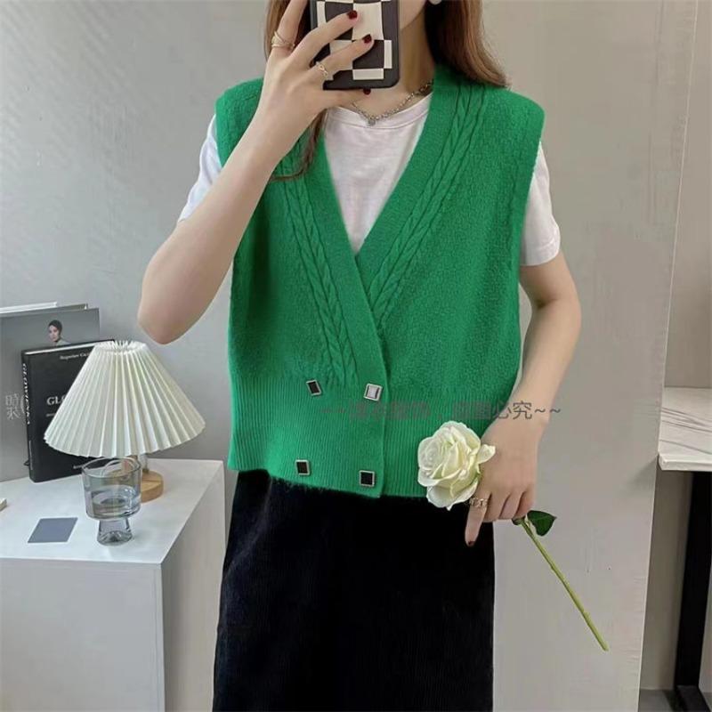 

Винтажный вязаный кардиган, жилет для женщин, осенний и осенний дизайн, двубортный свитер без рукавов, милый жилет, женский One Size зелёный