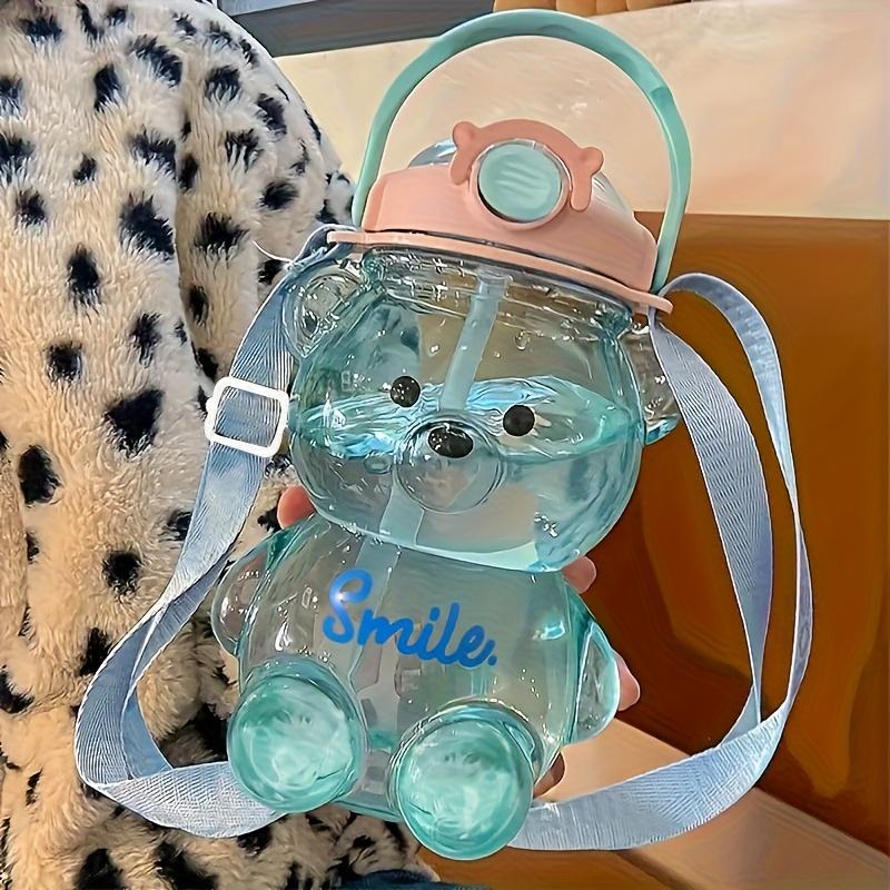 

1pc 34Oz/1000Ml Cute Bear Handheld Water Cup, Large Capacity Plastic Water Bottle with Straw, for Milk, Tea, Etc синій