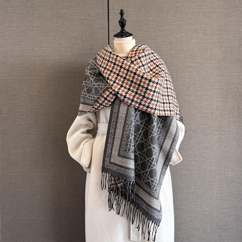 Autumn and winter new geometric thousand bird grid double-sided imitation cashmere scarf women's thickened warm shawl travel photo scarf