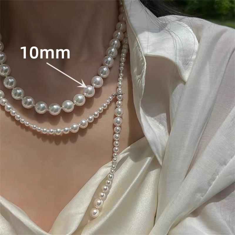Highlight Round White Glass Pearls Stacked with Light Luxury Niche Temperament Retro High-end Long Sweater Chain Necklace