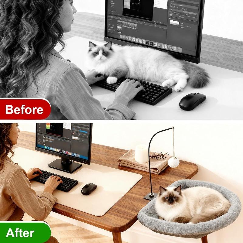 Adjustable Cat Desk Hammock – Space-Saving Alternative To Cat Tree, Breathable Mesh & Plush Covers, Tool-Free Install,