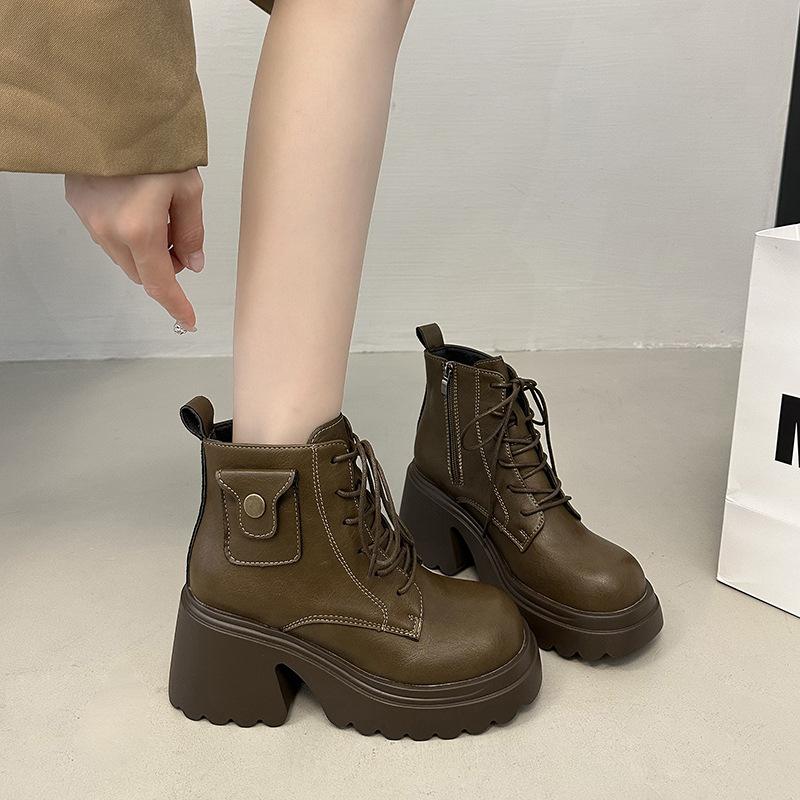 Stora brittiska högklackade korta stövlar dam höst nya retro muffin små tjockbottnade tunna Martin-stövlar