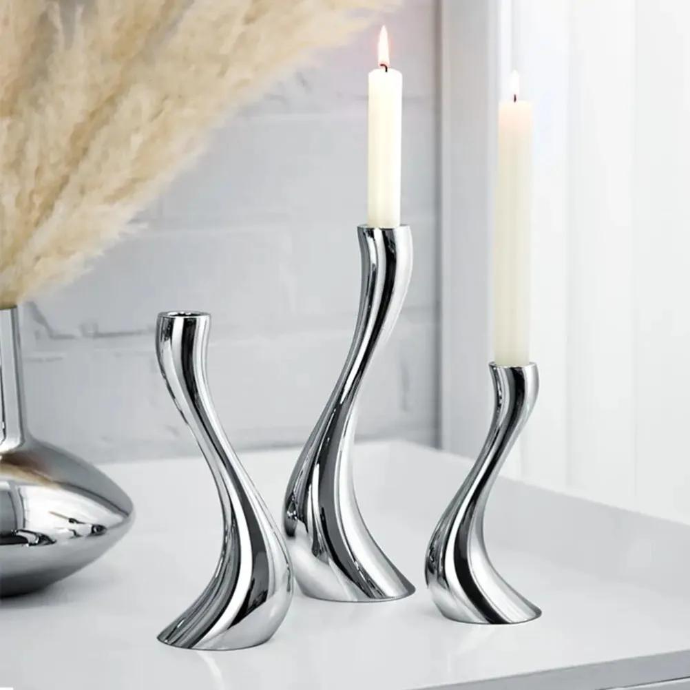 Stainless Steel Swan Neck Candlestick Silver Metal Curve Handicraft Candle Holder Wedding Dining Table Home Decoration