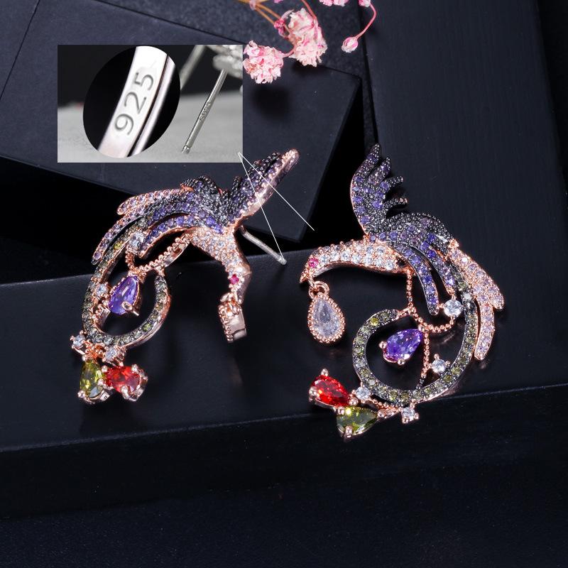 

E0242 Ретро Игла Цветные Серьги-пусеты Птица Феникс Циркон Экологически Чистое Гальваническое Покрытие