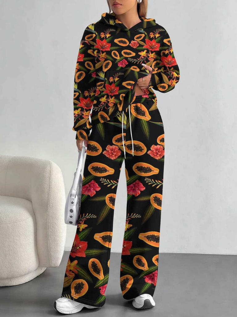 European and American Autumn and Winter Casual Long-sleeved Suit Women's Hooded Sweater Trousers Two-piece Set Retro Elements