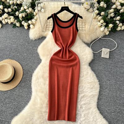 Elegante Sexy Decote Quadrado Sem Mangas Chique Patchwork Vintage Tricô Slim Longos Vestidos Coreano High Street Feminino Roupas Elásticas