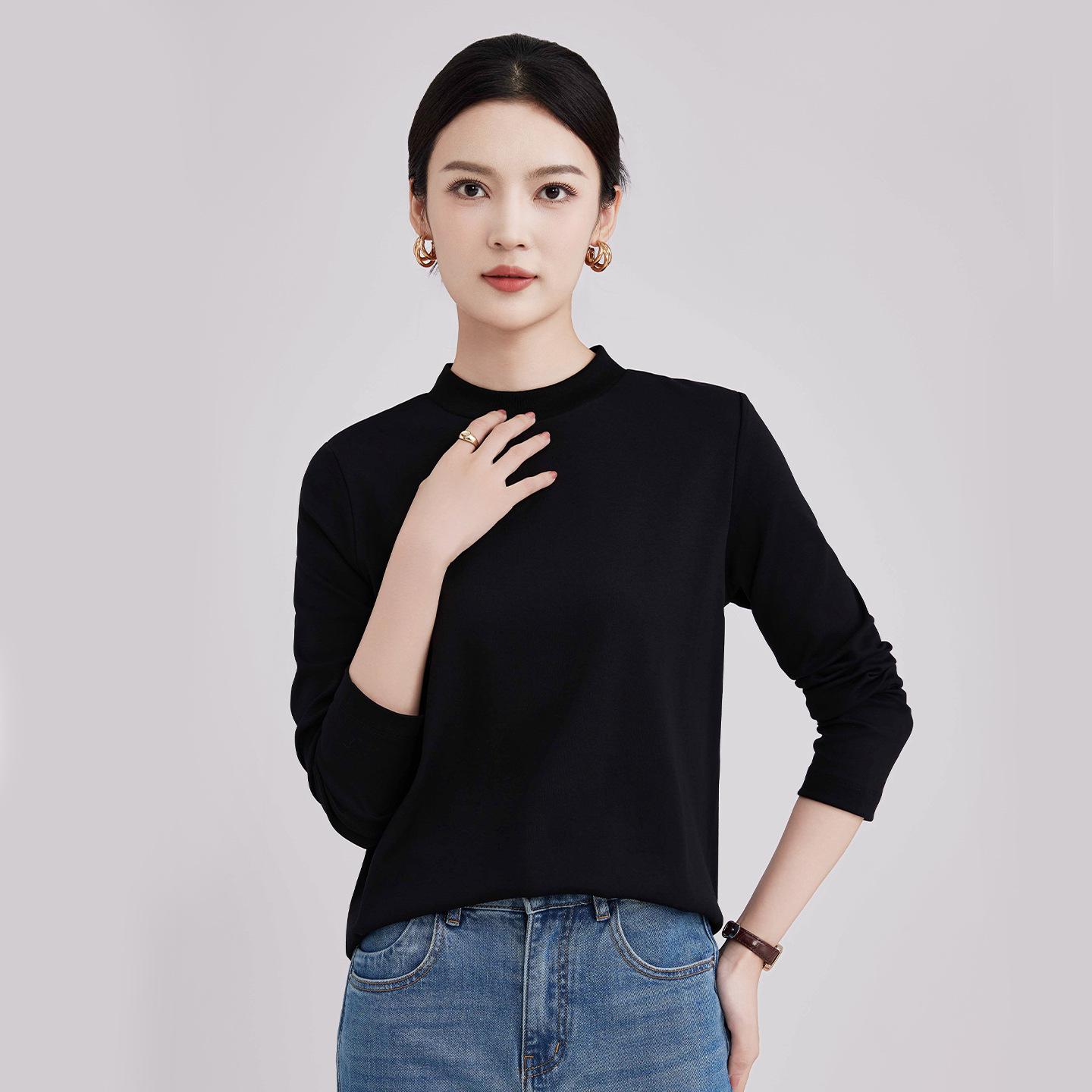 

Women s White Cotton Mock Neck Long-Sleeve T-Shirt Large чёрный