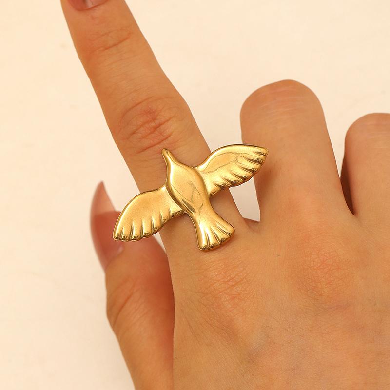 1pc New Minimalist 18K Gold Color Plated Angel Wings Peace Dove Wings Open Rings Trendy Waterproof Stainless Steel Jewelry