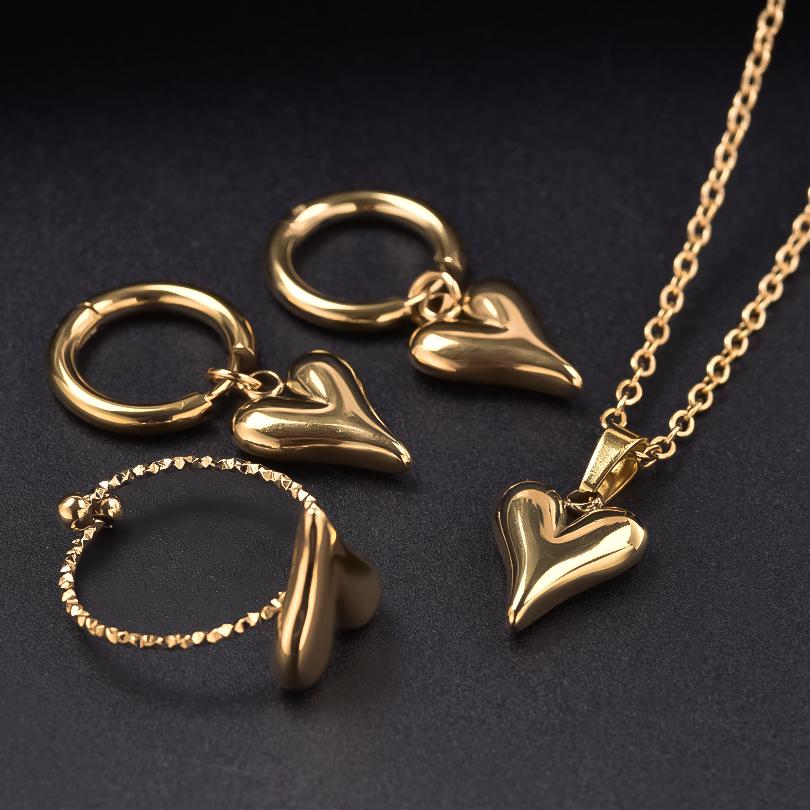 100% Stainless Steel Heart Jewelry Set For Women Accessories Cute Girl Supplies Love Earrings/Rings/Necklace Fashion Party Gift