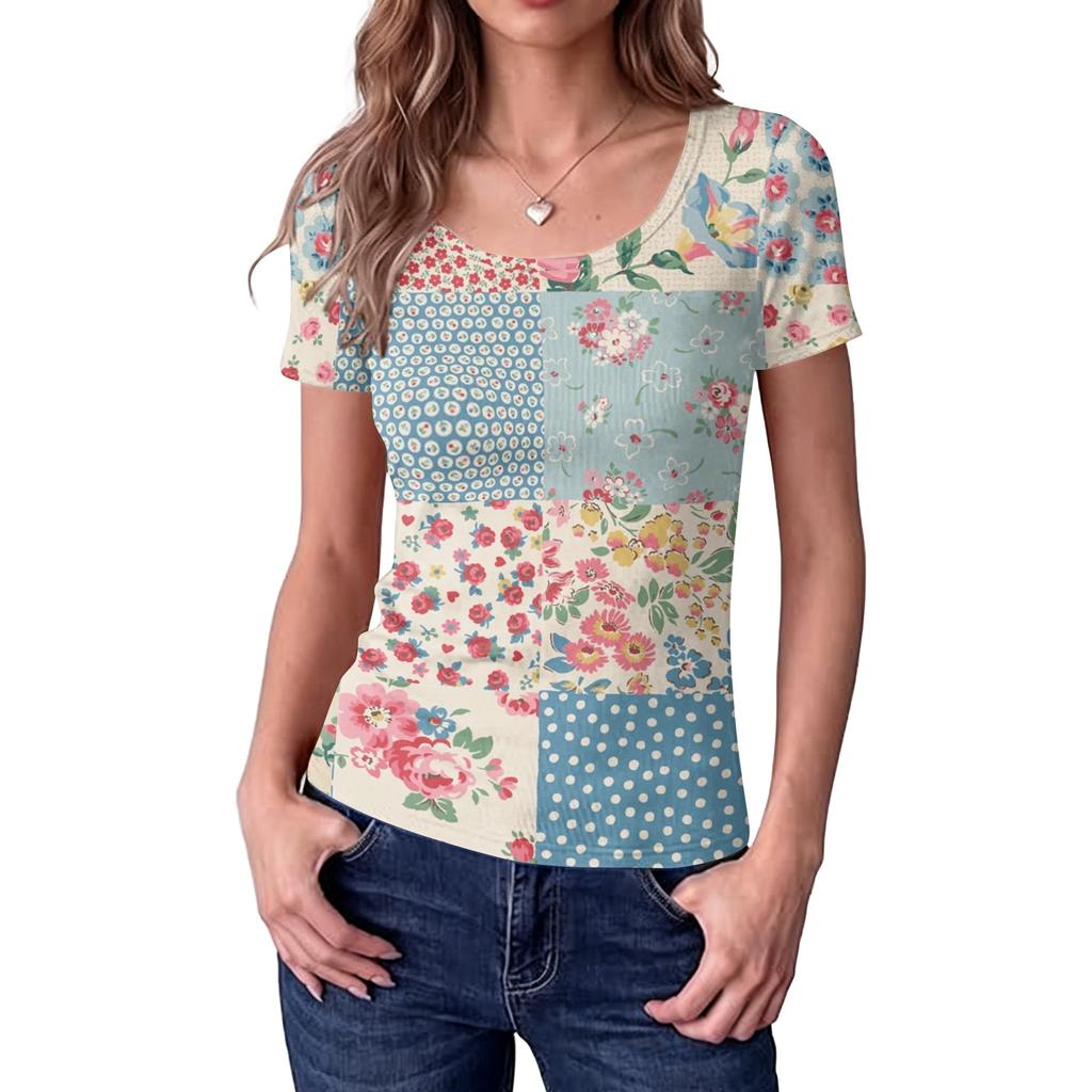 Women Slim Fit Square Neck Short Sleeve Top Vintage Floral Print Stretchy Ribbed Fabric Casual Summer Shirt