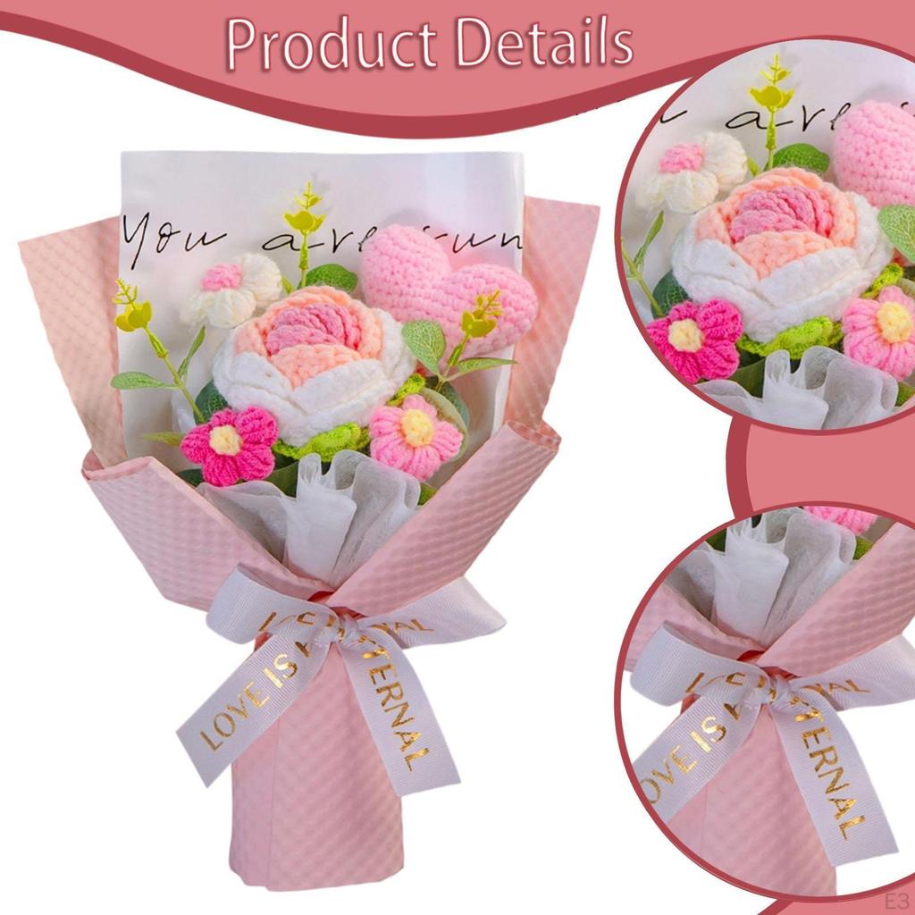 Completed Crochet Flower Bouquet Artificial Flowers Rose for Party Women's Day