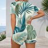 Women Plus Size Tropical Leaf Print V Neck Short Sleeve Button Front Fitted Romper