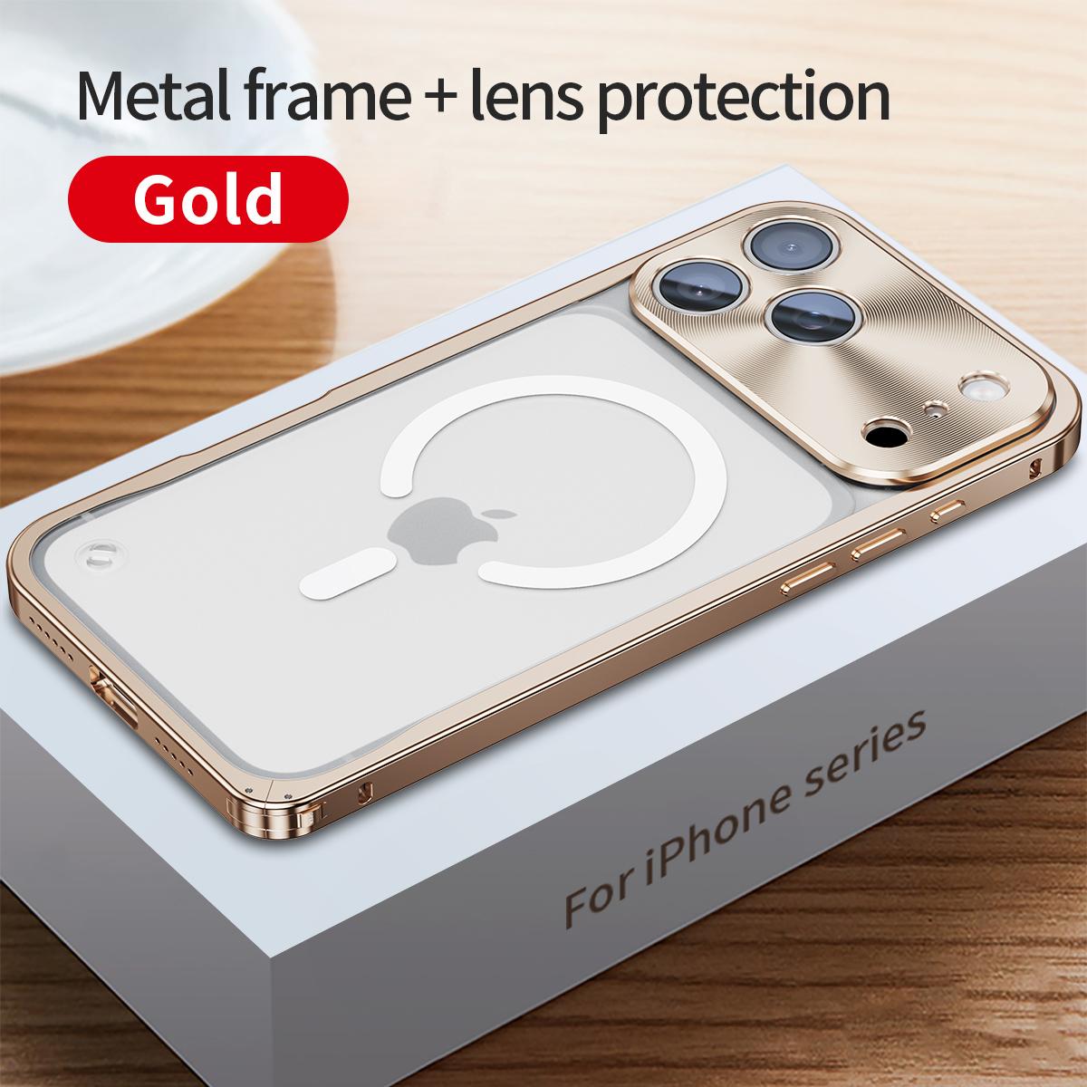 

Металева рамка магнітний чохол для телефону для iPhone 17 12 13 14 15 16 Pro Max Алюмінієвий сплав Повний захист об єктива Чохол для iPhone 16 Металева задня кришка з гальванічним покриттям iPhone 17 золотий