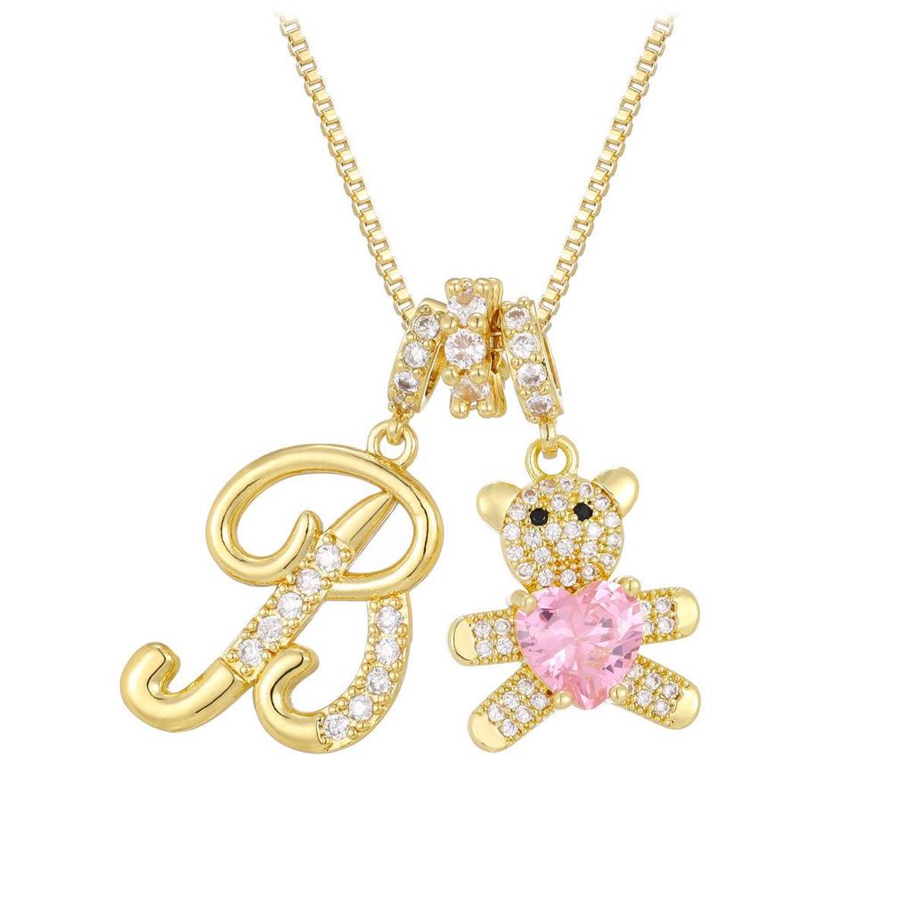 Luxurious Teddy Bear Pendant Necklace with Diamond Inlaid 26 English Letters Charm - European and American Fashion Style