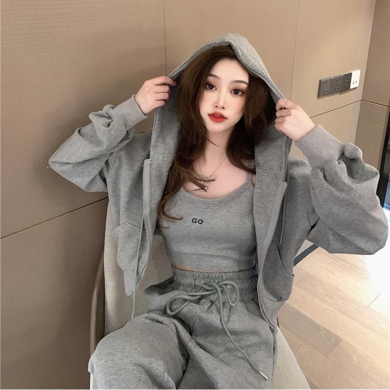 Hong Kong Style Casual Sportswear Set Women's Short Shorts Zipper Hoodie Jacket Strap Spring Autumn Three-piece Set Polyester