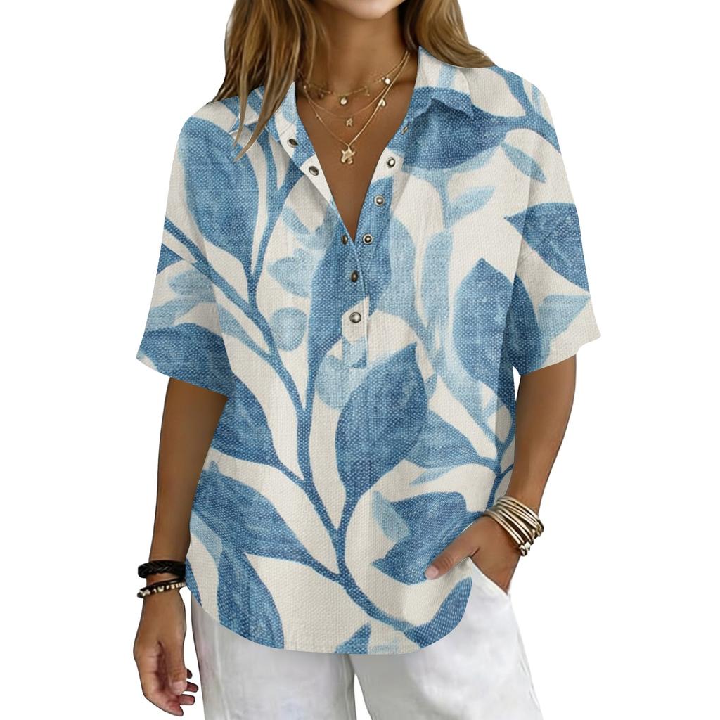 Damen Vintage Blumenprint Kurzarmhemd Lockerer Schnitt Knopfleiste Kragen Freizeitbluse Leichtes Atmungsaktives Gewebe