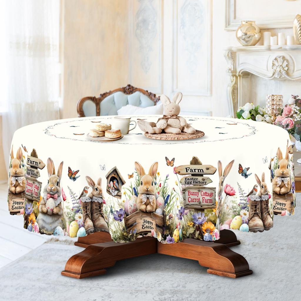 1pc Easter Bunny & Egg Tablecloth, Wrinkle-Resistant, Machine Washable, Scalloped Edge, Animal Print, Rectangle for Home, Picnic