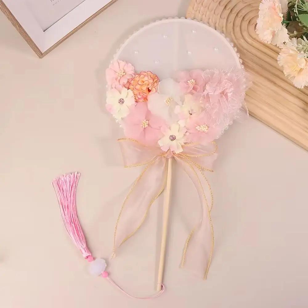 1Pcs Durable Long Handle Chinese Round Fans Fabric Flower Butterfly Vintage Fan Retro Style Fan Home Decoration Ornament