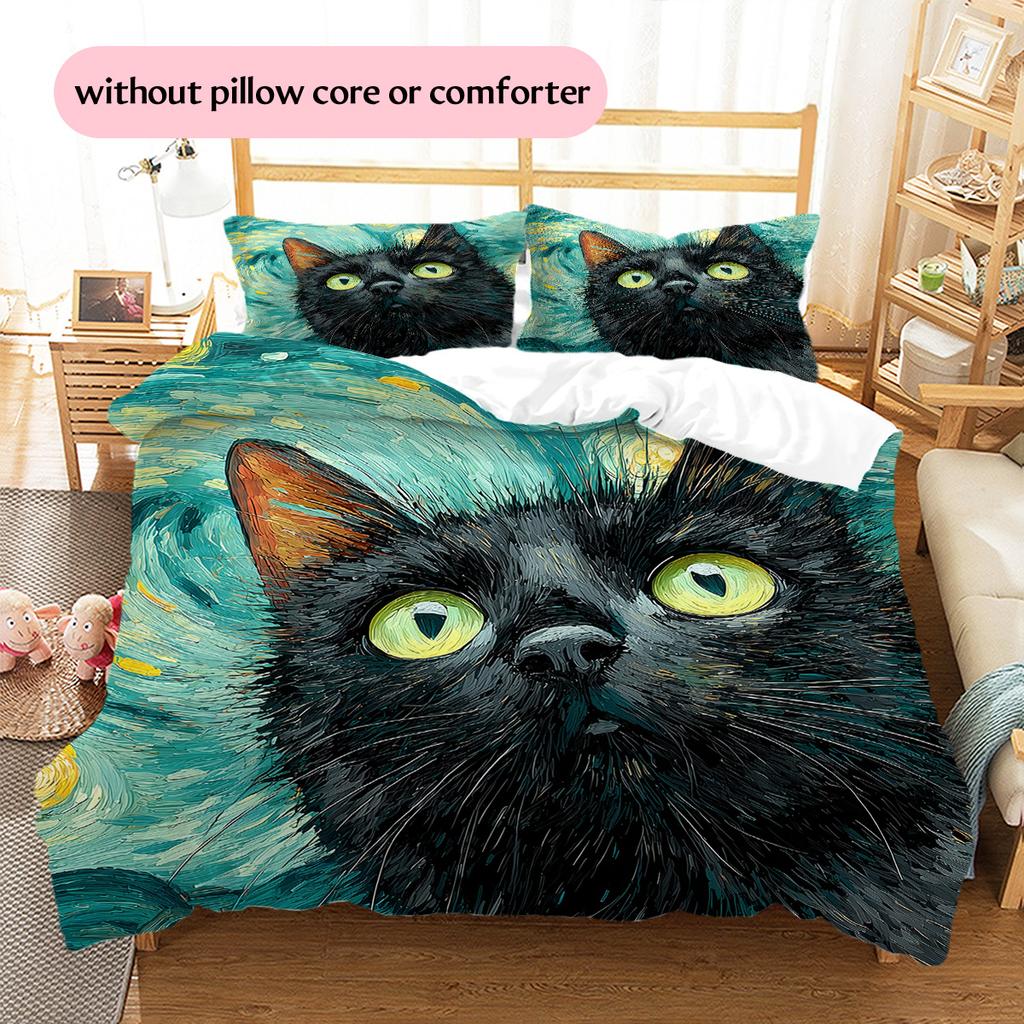 Starry Sky Black Cat  Pattern Bedding Quilt Set Quilt Cover Pillowcase Home Decoration  Gift (1 * Duvet Cover + 2 * Pillowcase, Without Core)