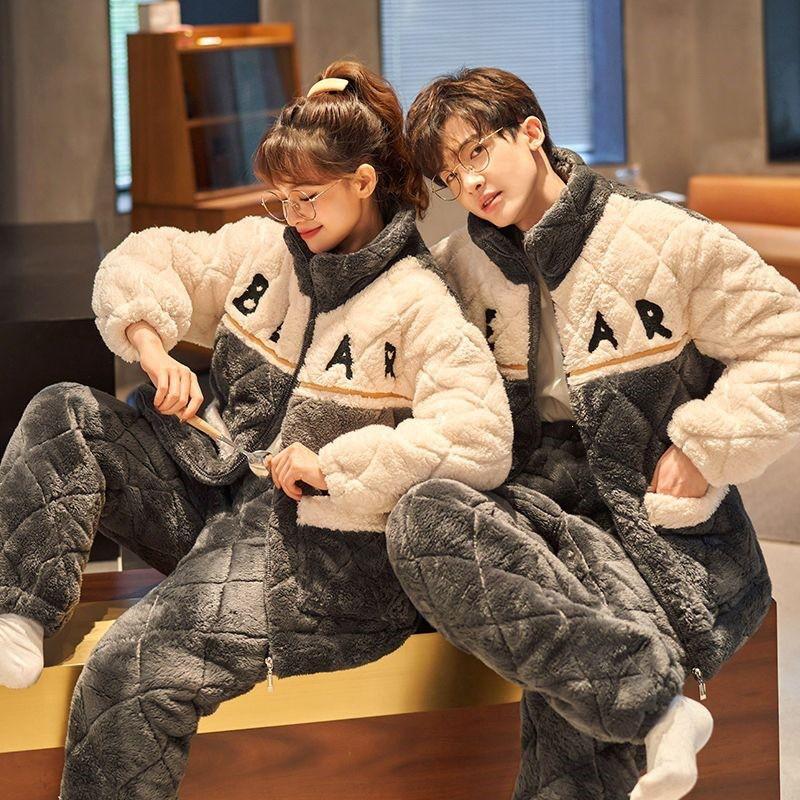 Winter Thick Fleece Couple Pajamas Set Warm Coral Loungewear Sleepwear
