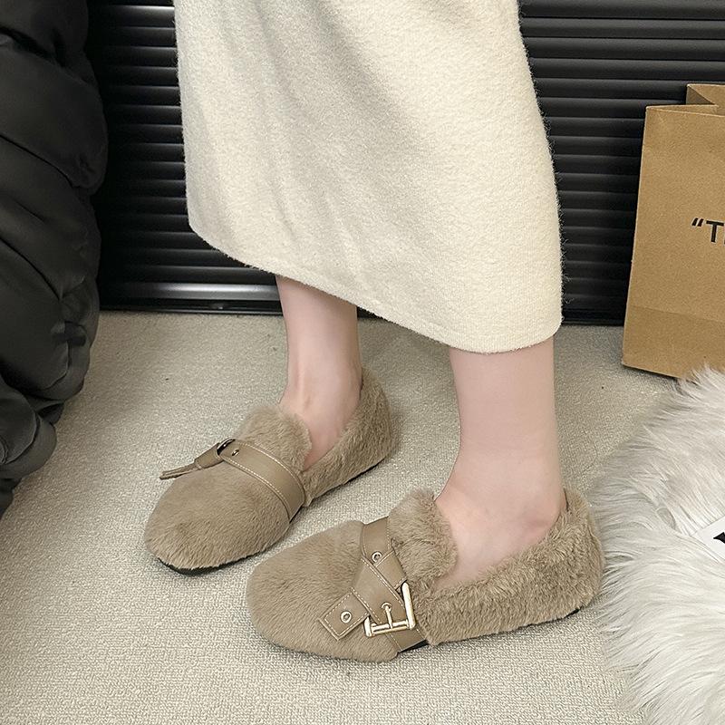 Inner Height Increase Warm Fairy Thick-soled Plush Shoes Female Autumn and Winter Wear a Pedal Internet Celebrity Mink Bean Cotton Shoes