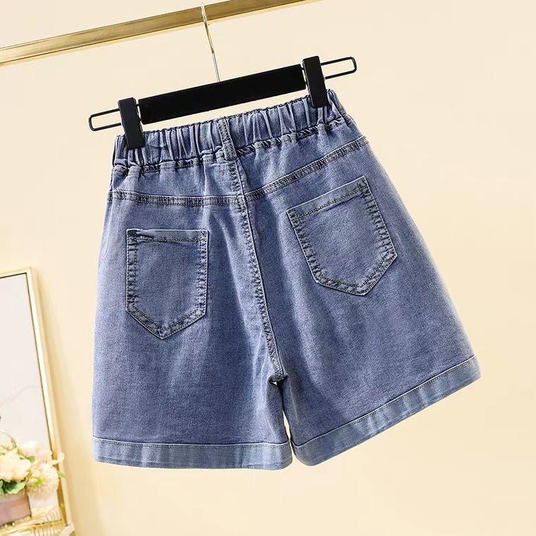 Women's Plus Size Heart Embroidered Elastic Denim Shorts with Lace-up Waist and Loose Wide-leg Fit