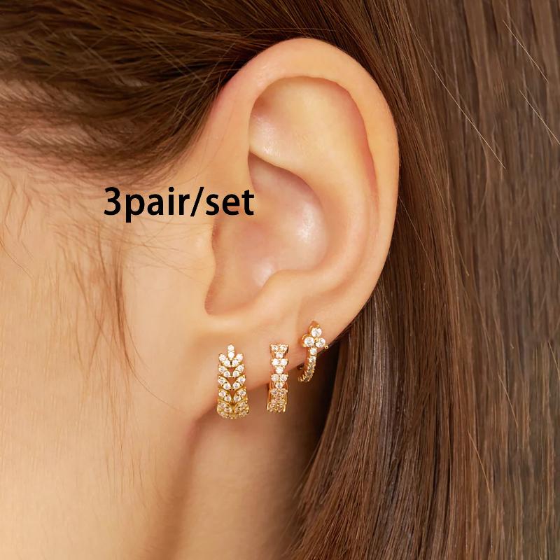 

3Pcs Arrival Sparkling Crystal Zircon Wheat Hoop Earrings Stainless Steel Gold Color Huggies Piercing Earring Wedding Jewelry A1