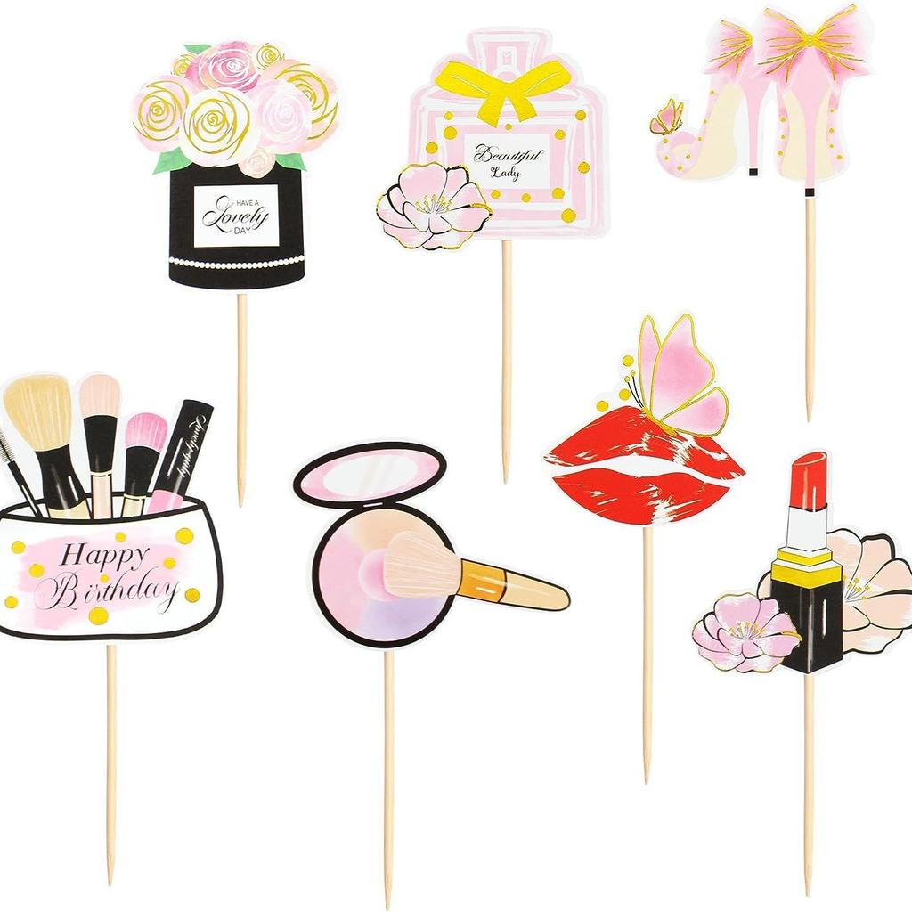 7 STÜCKE Make-up Cupcake Topper Glitzer Kosmetik Lippenstift Wimpern Kuchenspieße Königin Parfüm Wimper Diamant Pinsel Kuchen Topper Set