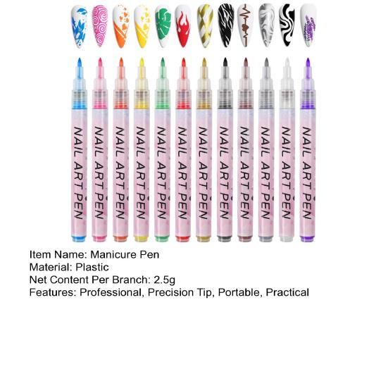 12 Colors Nail Art Pen Set Gel Painting Liner Pen Waterproof Quick Dry DIY Nail Marker Graffiti Dot Gel Pencil for Home Salon