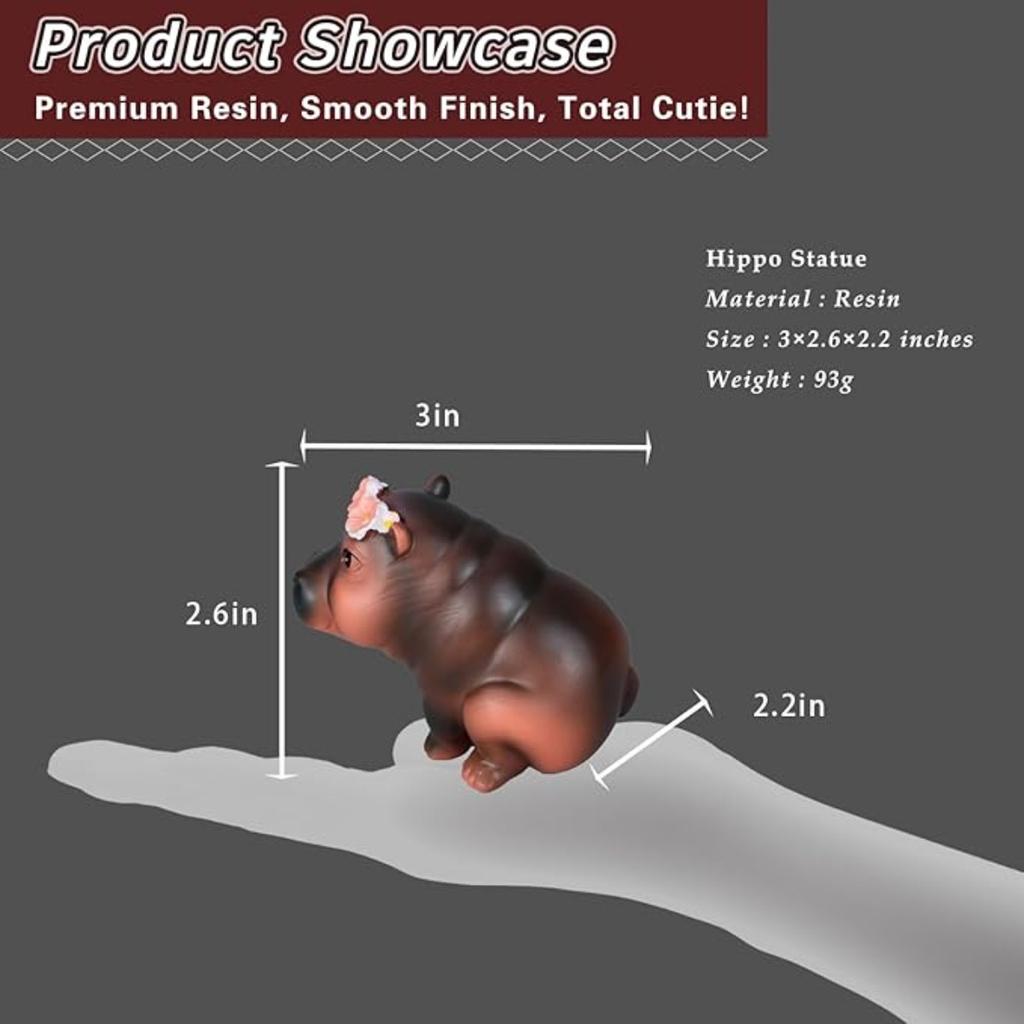Resin Figurine for Home Decor, Cute Hippo Statue with Flower Crown, Desk Ornament, Hippo Figurine for Living Room, Office, Bookshelf Decor