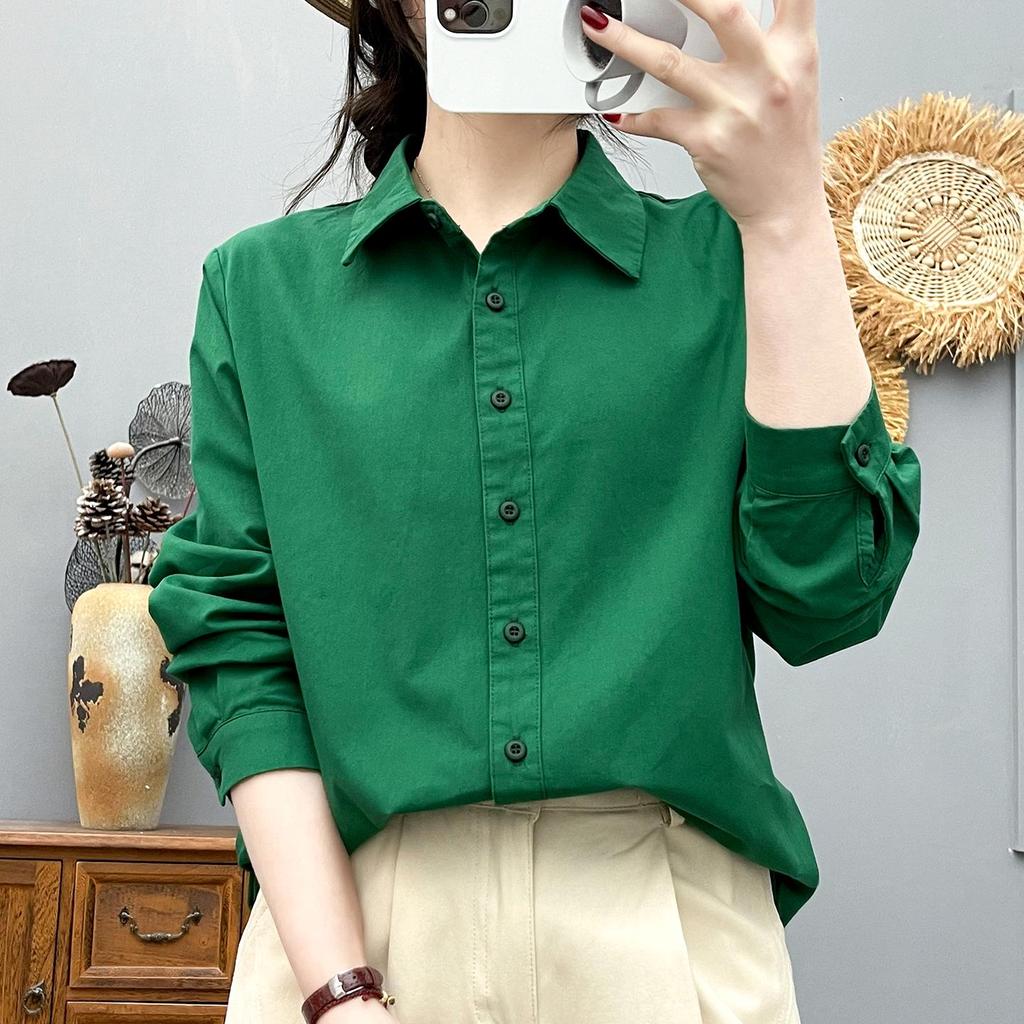 Women's Candy Color Long Sleeve Cotton Shirt - Minimalist, Versatile, and Slimming Design