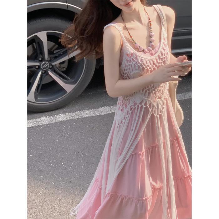 Two-piece suit women's splicing gentle suspender dress women's summer new vacation style seaside fringed blouse